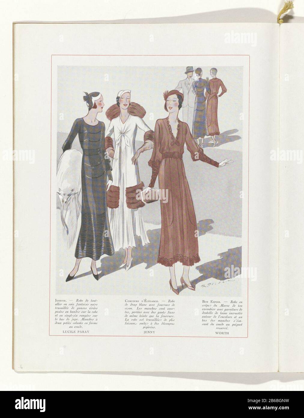 Left: dress of black silk Lucile Paray. Middle: gown of white cloth and mink, the fashion house Jenny. Right: gown of crepe topped with wool lace, Worth. Page of the fashion magazine Art-Gout-Beauté (1920-1933) . Manufacturer : to drawing: R. DRIVON (listed building) printmaker: anonymous fashion house: Worth (listed building) fashion designer Jenny (listed building) fashion designer Lucile Paray (listed building) publisher: Charles GoyPlaats manufacture: Paris Date: 1931 Physical features: photo-mechanical color material: paper Technique: photo-mechanical techniques / color dimensions: sheet: Stock Photo