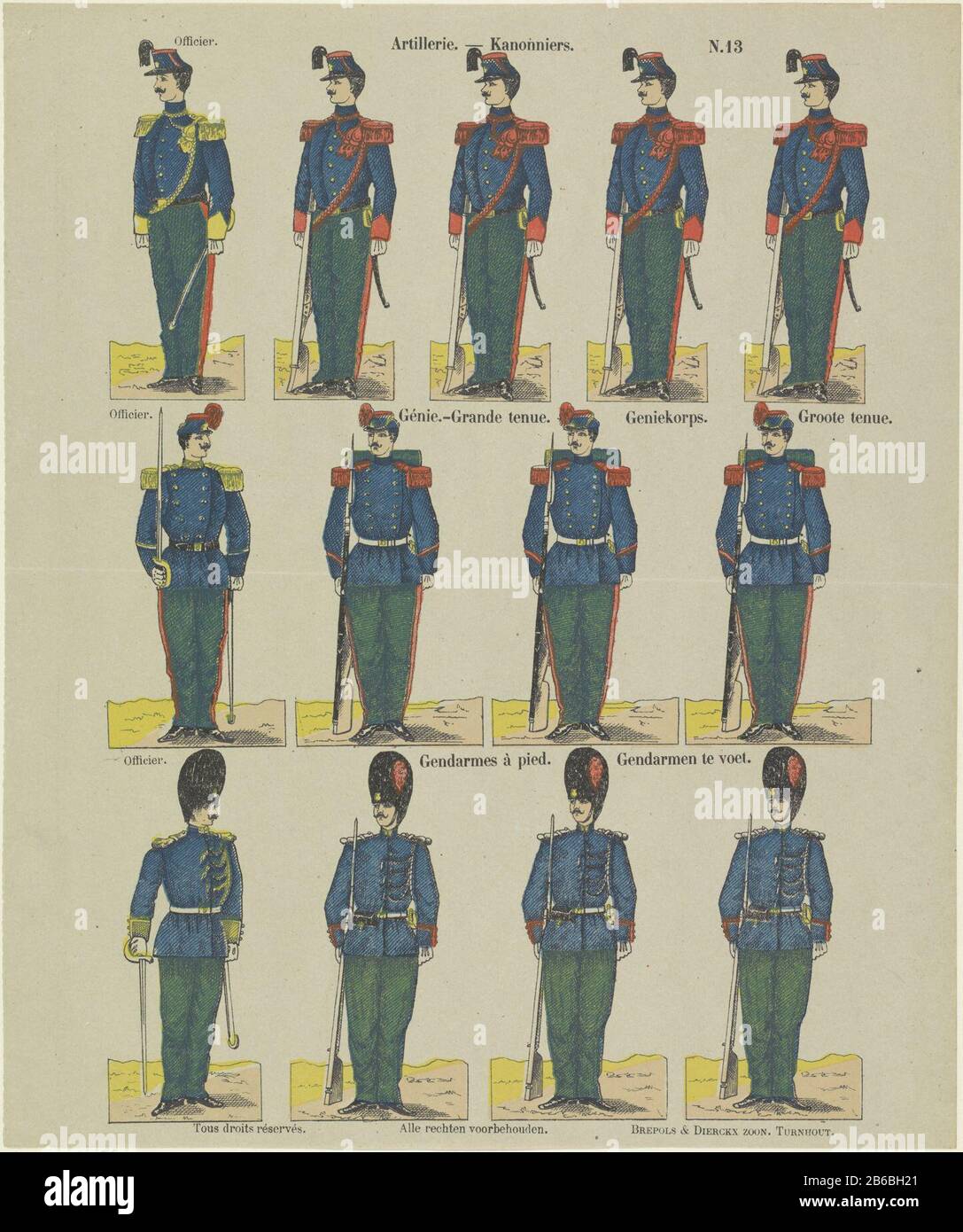 Artillery / Gunners / Génie.-Grande dress / Genius Corps great dress / Gendarmes à pied / Gendarmen foot (title object) Property Type: print people picture Item number: RP-P-OB-202.026 Inscriptions / Brands: collector's mark, verso, stamped: Lugt 2760octrooivermelding printed description: Leaf with three horizontal rows with a total of 13 performances of officers and soldiers with guns. Numbered top right: N. 13. Manufacturer : Publisher: Brepols & Dierckx son (listed building) printmaker: anonymous place manufacture Turnhout Dating: 1833 - 1911 Physical characteristics: color lithograph in ye Stock Photo