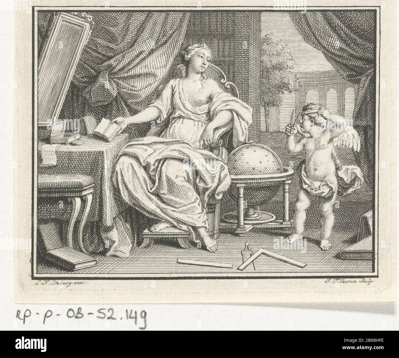 Astronomy in a room The personification of Astronomy, one of the Seven Liberal Arts, is in a lea behind a table Where: books lie. Next to her is a globe on the floor measuring instruments and books. Astronomy is accompanied by a putto with a compass speelt. Manufacturer : printmaker Jacob Folkema (listed building), designed by Louis Fabritius Dubourg (listed building) Dated: 1703 - 1767 Physical features: etching material: paper Technique: etching Dimensions: plate edge : h 67 mm × 84 b mm Subject: 'Astronomia', 'Cosmografia'; 'Cosmografia '(Ripa) cupids' Amores ',' amoretti '' putti' Stock Photo