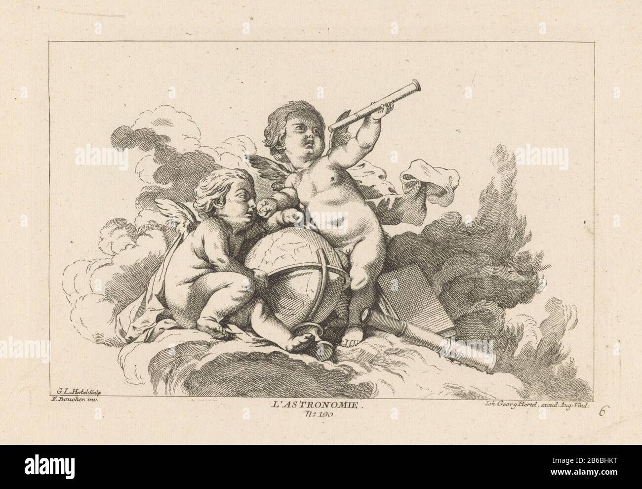 Astronomy Astronomy (titel op object) Book Arts (serietitel) Allegory of astronomy. Two putti with telescopes and a globe. Publisher number 190. Manufacturer : printmaker: Georg Leopold Hertel (listed property) designed by François Boucher (listed building) Publisher: Johann Georg Hertel (listed property) Place manufacture: Augsburg Date: 1750 - 1778 Physical features: etching and engra materials: paper Technique: etching / engra (printing process) Measurements: plate edge: h 202 mm × W 297 mm Subject: 'Astronomia', 'Cosmografia'; 'Cosmografia '(Ripa) cupids' Amores ',' amoretti '' putti' Stock Photo