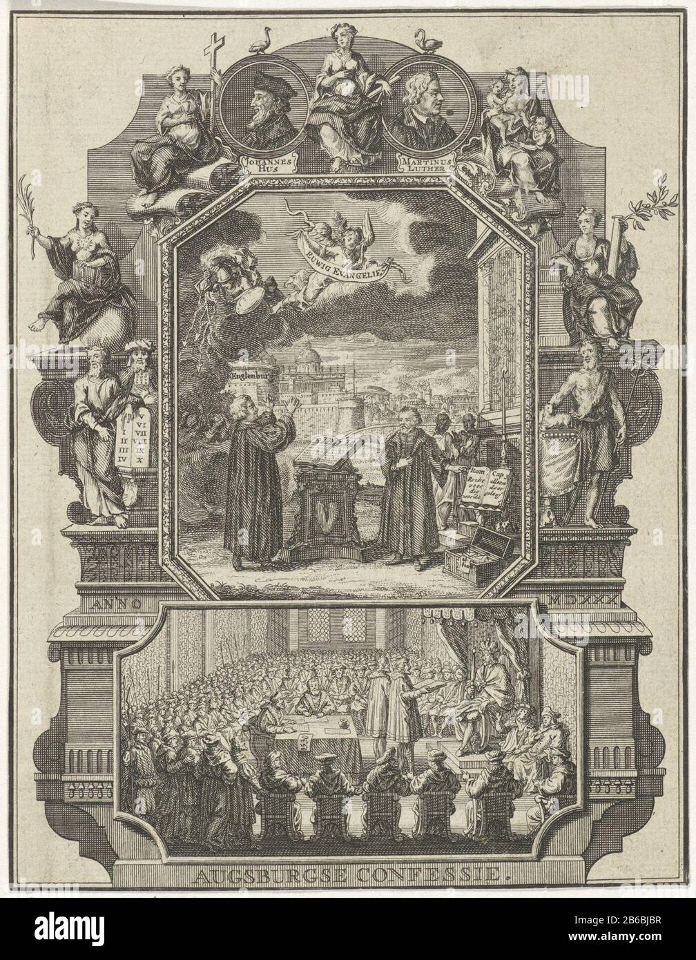 Augsburg creed Augsburg Confession (title object) Two representations of the Augsburg confession in an architectural frame, decorated with allegorical figures and portrait medallions of Luther and Hus. Above: Allegory of the reformers Luther and Melanchthon at an altar, in the distance, St. Peter. In the air, flying angel with a band Where: in the text: Euwig Gospel. Jupiter with thunderbolts appeared beside the angel. Below: Melanchthon read the Augsburg Confession for Karel V. Manufacturer : printmaker Adolf van der Laan Date: 1694 - 1755 Physical features: etching material: paper Technique: Stock Photo