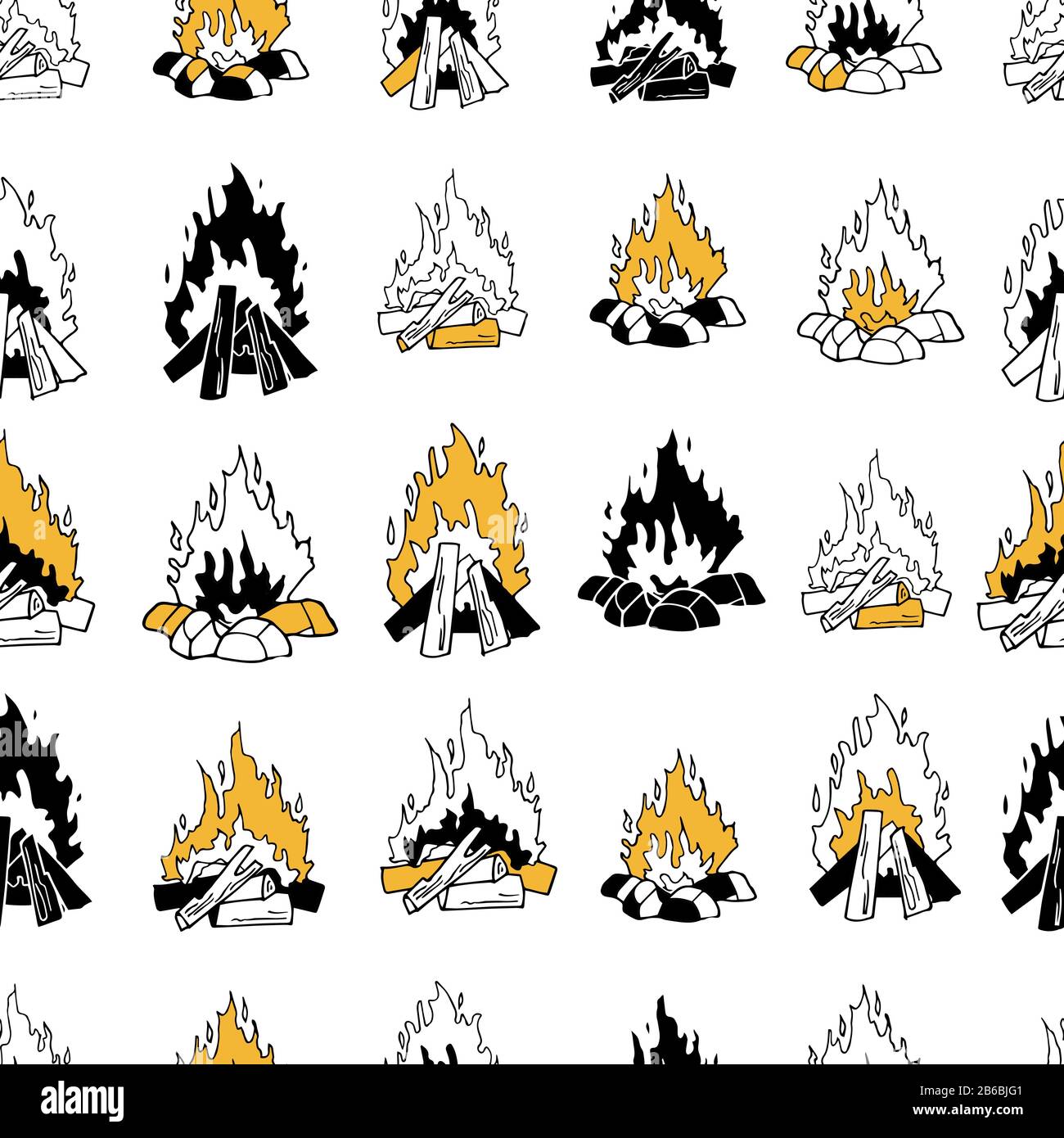 Modern vector seamless pattern with burning fire on a white background. Isolated bonfire illustrations. Endless texture in golden black and white Stock Vector