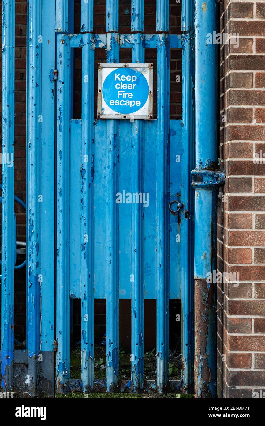 blue railings with kep out sign Wirral August 2019 Stock Photo