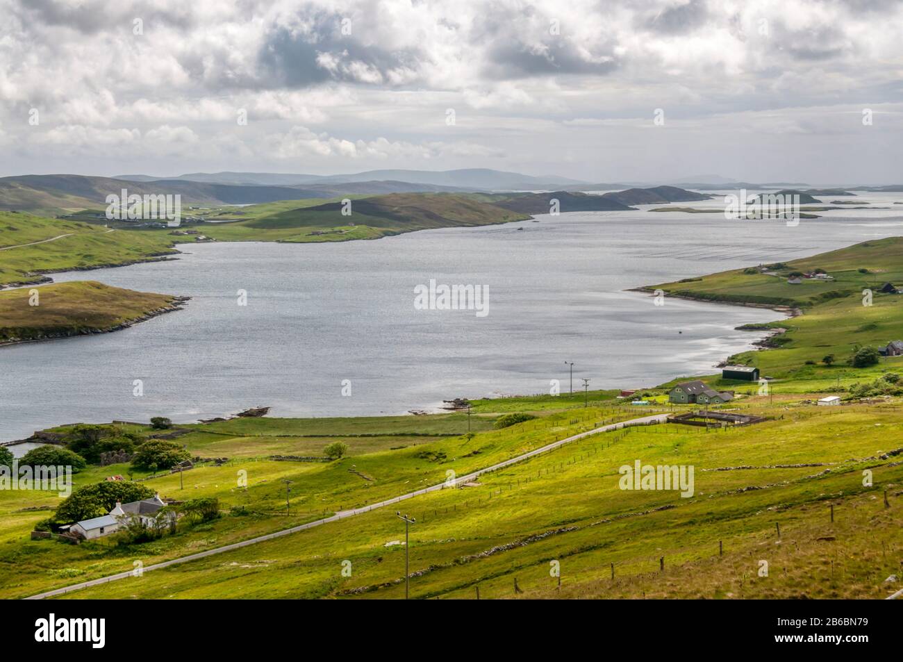 View to south along Weisdale Voe on Shetland Mainland. Stock Photo