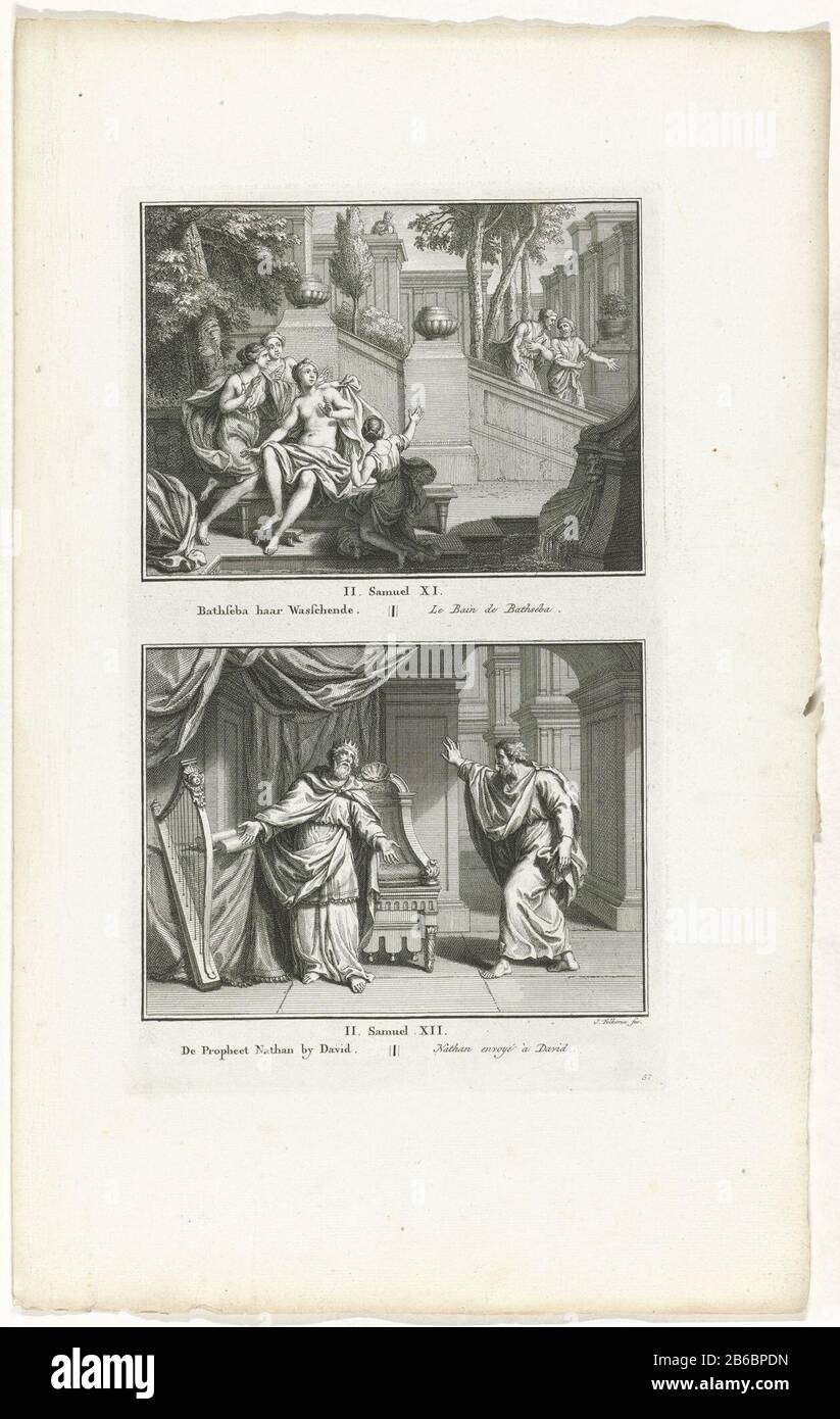 Bathing Bathsheba and the prophet Nathan to David Two Bible stories from 2 Sam. 11 and 12. Bathing Bathsheba watched by David and Nathan the prophet Where: David warns. Two performances of one plate, each with a title in Dutch and French. Fully numbered bottom right: 57. Manufacturer : printmaker Jacob Folkema (listed building) publisher: Jan de Groot Publisher: Abraham Blussé & Son Place manufacture: Publisher: Amsterdam Publisher: Dordrecht Date: 1791 Physical features: etching material: paper Technique: etching Dimensions: plate edge: H 325 mm b × 194 mmToelichtingIllustratie out: Hamelsvel Stock Photo