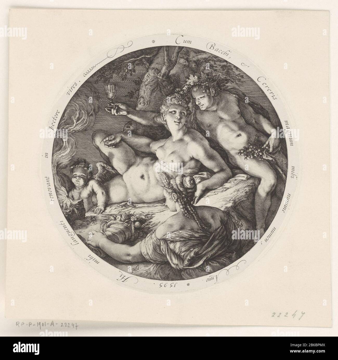 Bacchus, Ceres en Venus Night Piece of Bacchus, Ceres, Venus and Cupid. Posted in oval, Latin text rondom. Manufacturer : printmaker: Hendrick Goltzius to design: Hendrick Goltzius Inspirer: Michelangelo Date: 1595 Physical features: engra in silver material: paper Technique: engra in silver Dimensions: d 165 mm Stock Photo