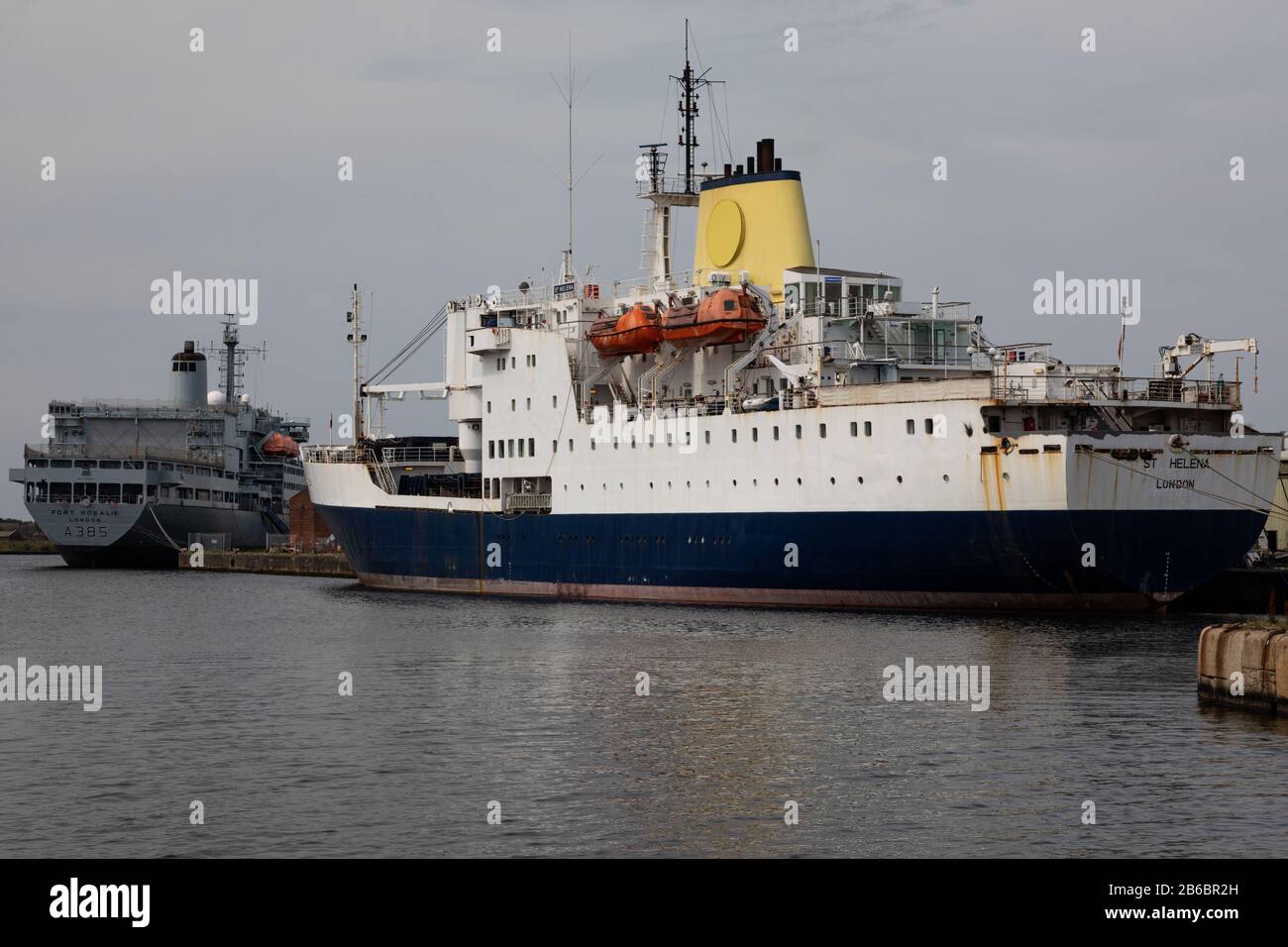 St Helena and RFA Fort Rosalie moored Wallasey Wirral August 2019 Stock Photo