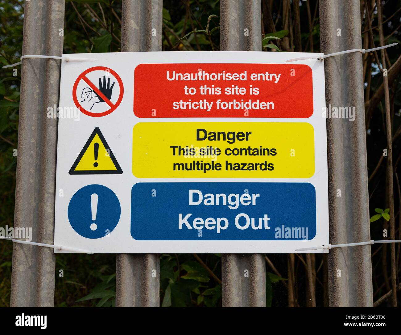 Signs indicating danger and forbidding entry in Wallasey Wirral August 2019 Stock Photo