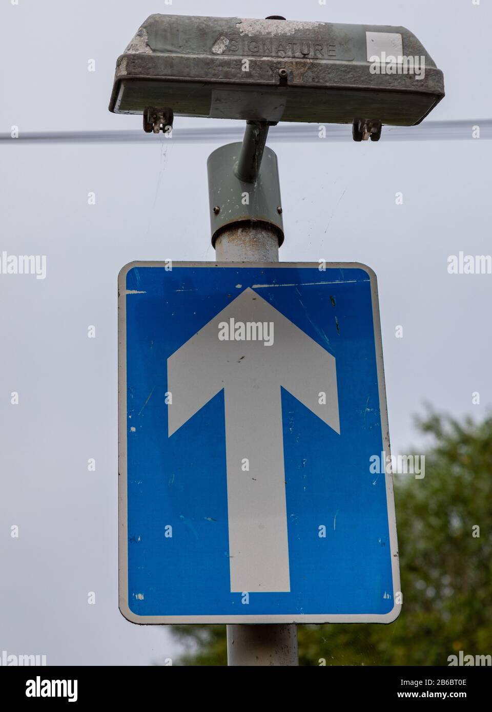 Close up of one way road sign with light in Wallasey Wirral August 2019 Stock Photo
