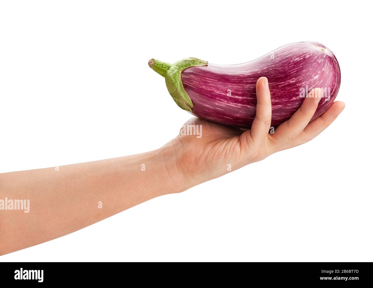 striped eggplant in hand path isolated on white Stock Photo Alamy