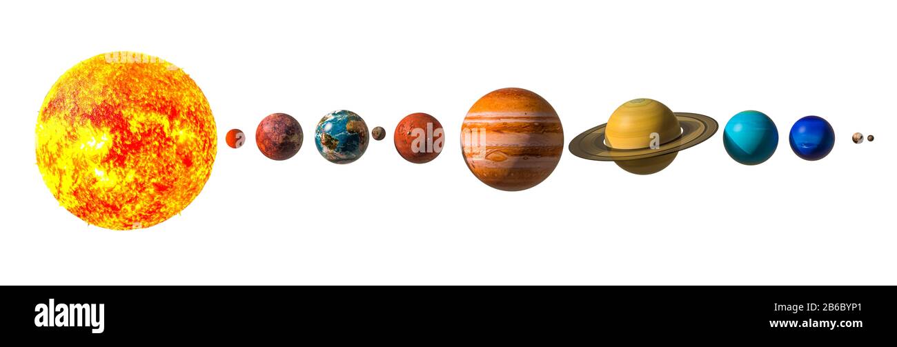 Planets of the solar system with Pluto, 3D rendering isolated on white  background Stock Photo - Alamy