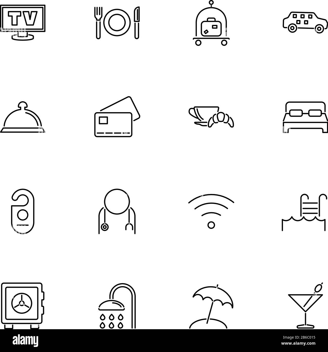 Hotel, Flophouse, Motel outline icons set - Black symbol on white background. Hotel, Flophouse, Motel Simple Illustration Symbol - lined simplicity Si Stock Vector