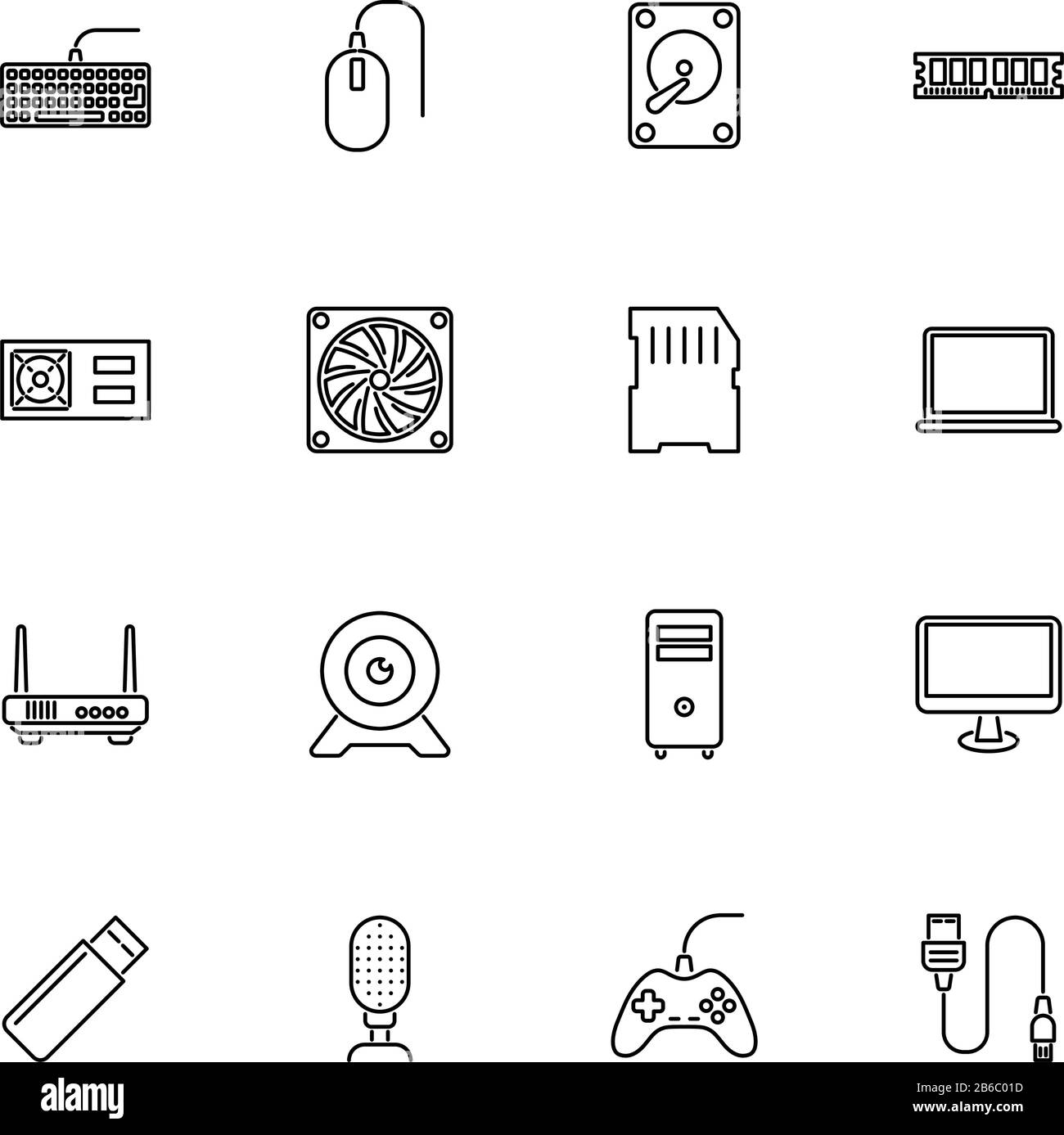 Hardware, Computer Parts outline icons set - Black symbol on white background. Hardware, Computer Parts Simple Illustration Symbol - lined simplicity Stock Vector