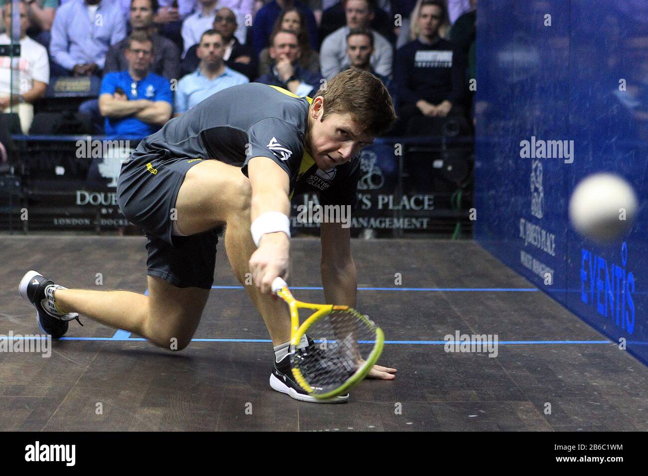 London, UK. 10th Mar, 2020. Greg Lobban of Scotland in action against Karim Abdel Gawad of Egypt. Canary Wharf Classic 2020 Squash, day 3 at the East Wintergarden in Canary Wharf, London on Tuesday 10th March 2020 pic by Steffan Bowen/Andrew Orchard sports photography/Alamy Live news Credit: Andrew Orchard sports photography/Alamy Live News Stock Photo