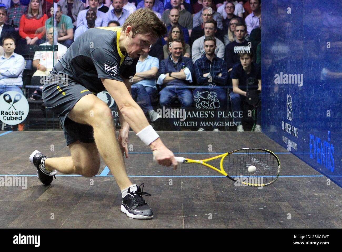 London, UK. 10th Mar, 2020. Greg Lobban of Scotland in action against Karim Abdel Gawad of Egypt. Canary Wharf Classic 2020 Squash, day 3 at the East Wintergarden in Canary Wharf, London on Tuesday 10th March 2020 pic by Steffan Bowen/Andrew Orchard sports photography/Alamy Live news Credit: Andrew Orchard sports photography/Alamy Live News Stock Photo