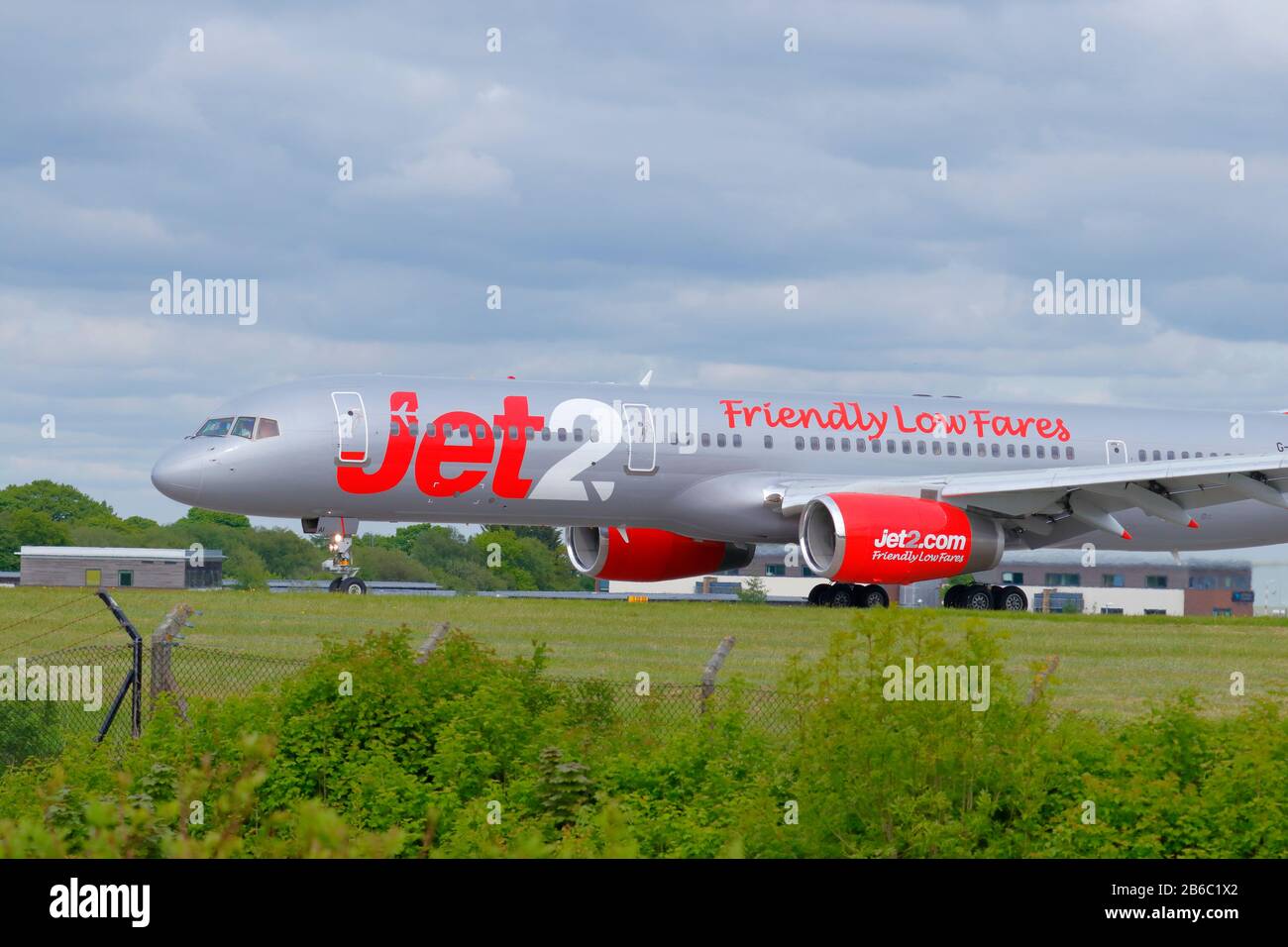A Jet 2 Boeing 757 taxiing at Leeds Bradford International Airport Stock Photo