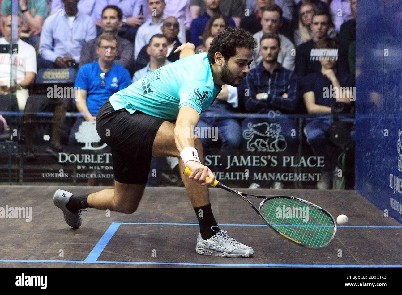 London, UK. 10th Mar, 2020. Karim Abdel Gawad of Egypt in action against Greg Lobban of Scotland. Canary Wharf Classic 2020 Squash, day 3 at the East Wintergarden in Canary Wharf, London on Tuesday 10th March 2020 pic by Steffan Bowen/Andrew Orchard sports photography/Alamy Live news Credit: Andrew Orchard sports photography/Alamy Live News Stock Photo