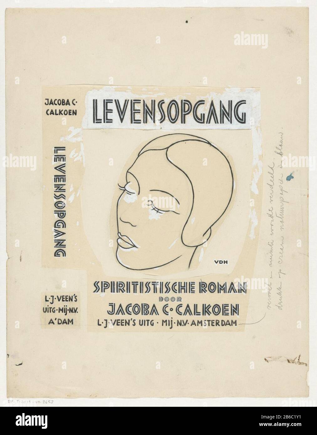 Tire Design for Jacoba C Calkoen, Life Opgang Spiritistic novel, 1933 Head of a woman with short hair and closed ogen. Manufacturer : artist: unknown (personally signed) Date: characteristics or 1933 Physical: brush in black with white body color over pencil; paper pasted on paper material: paper paint finishing paint pencil Technique: brush / paste Dimensions: H 340 mm × W 264 mm Subject: head (human) - AA - female human figure and right eyes closed Stock Photo