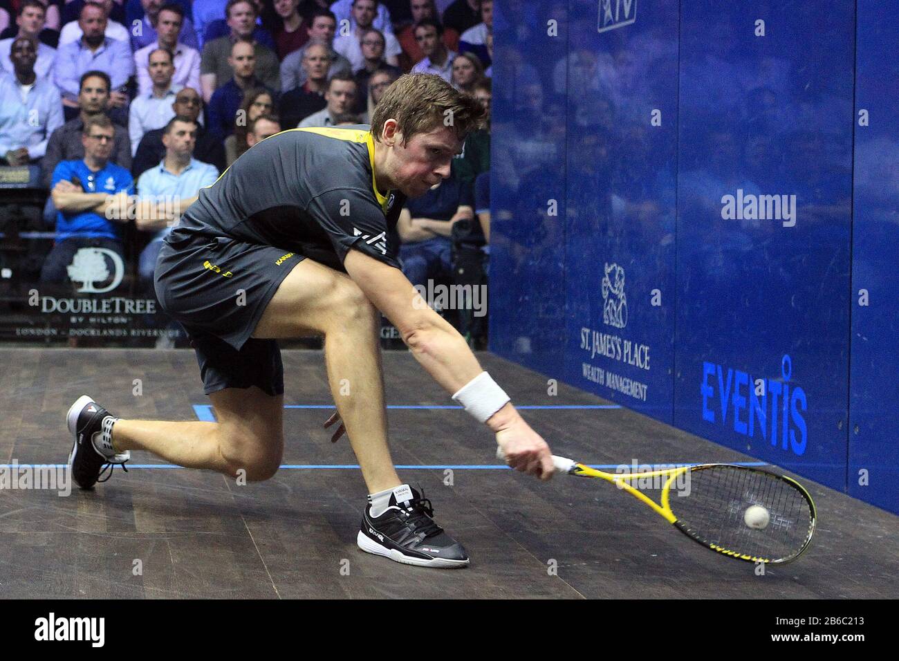 London, UK. 10th Mar, 2020. Greg Lobban of Scotland in action against Karim Adbel Gawad of Egypt.Canary Wharf Classic 2020 Squash, day 3 at the East Wintergarden in Canary Wharf, London on Tuesday 10th March 2020 pic by Steffan Bowen/Andrew Orchard sports photography/Alamy Live news Credit: Andrew Orchard sports photography/Alamy Live News Stock Photo