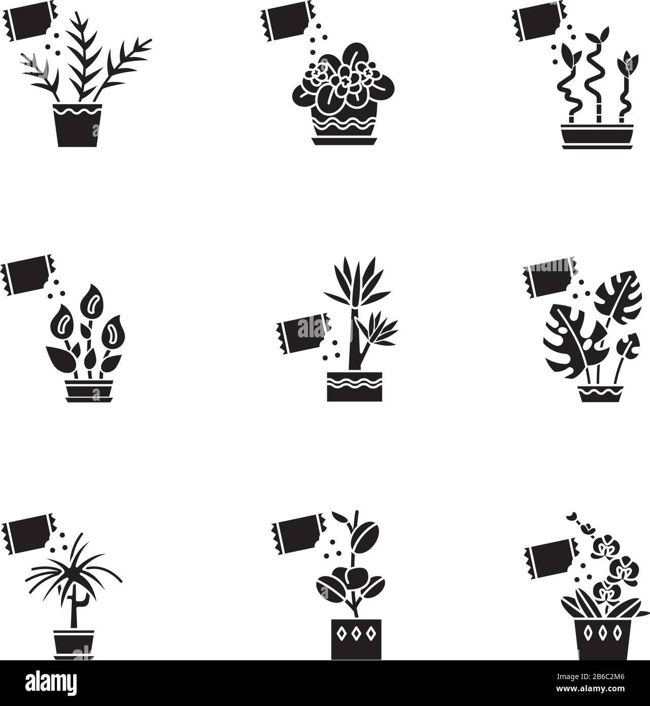 Houseplant fertilizing black glyph icons set on white space. Feeding domesticated plants. Plant growing. Indoor gardening. Growth supplements Stock Vector