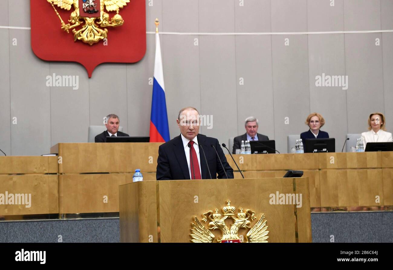 Moscow, Russia. 10th Mar, 2020. Russian President Vladimir Putin addresses members of the State Duma, the lower house of the Russian parliament, on proposed constitutional changes put forward by Putin March 10, 2020 in Moscow, Russia. Under the proposed changes Putin will remain in power until 2036 instead of being required to leave office in 2024. Credit: Aleksey Nikolskyi/Kremlin Pool/Alamy Live News Stock Photo