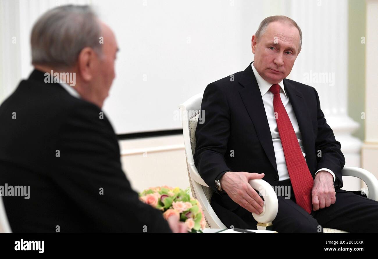 Moscow, Russia. 10th Mar, 2020. Russian President Vladimir Putin holds a bilateral meeting with former President of Kazakhstan Nursultan Nazarbayev at the Kremlin March 10, 2020 in Moscow, Russia. Credit: Alexei Nikolsky/Kremlin Pool/Alamy Live News Stock Photo