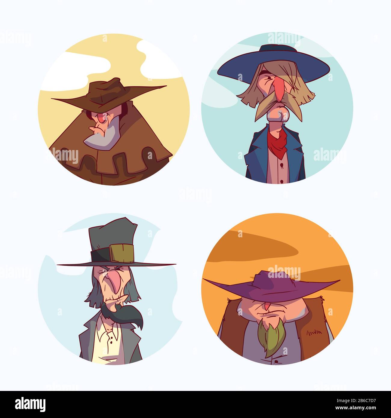 Colorful cartoon portrait set of cowboy, bounty hunters or outlaw illustrations Stock Vector