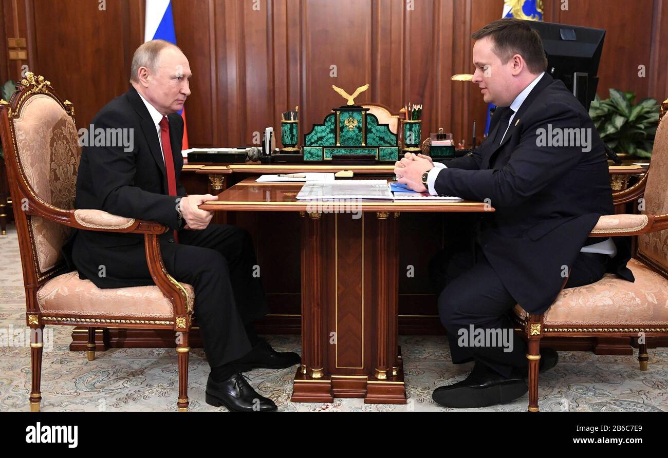 Moscow, Russia. 10th Mar, 2020. Russian President Vladimir Putin meets with Novgorod Region Governor Andrei Nikitin at the Kremlin March 10, 2020 in Moscow, Russia. Credit: Alexei Nikolsky/Kremlin Pool/Alamy Live News Stock Photo