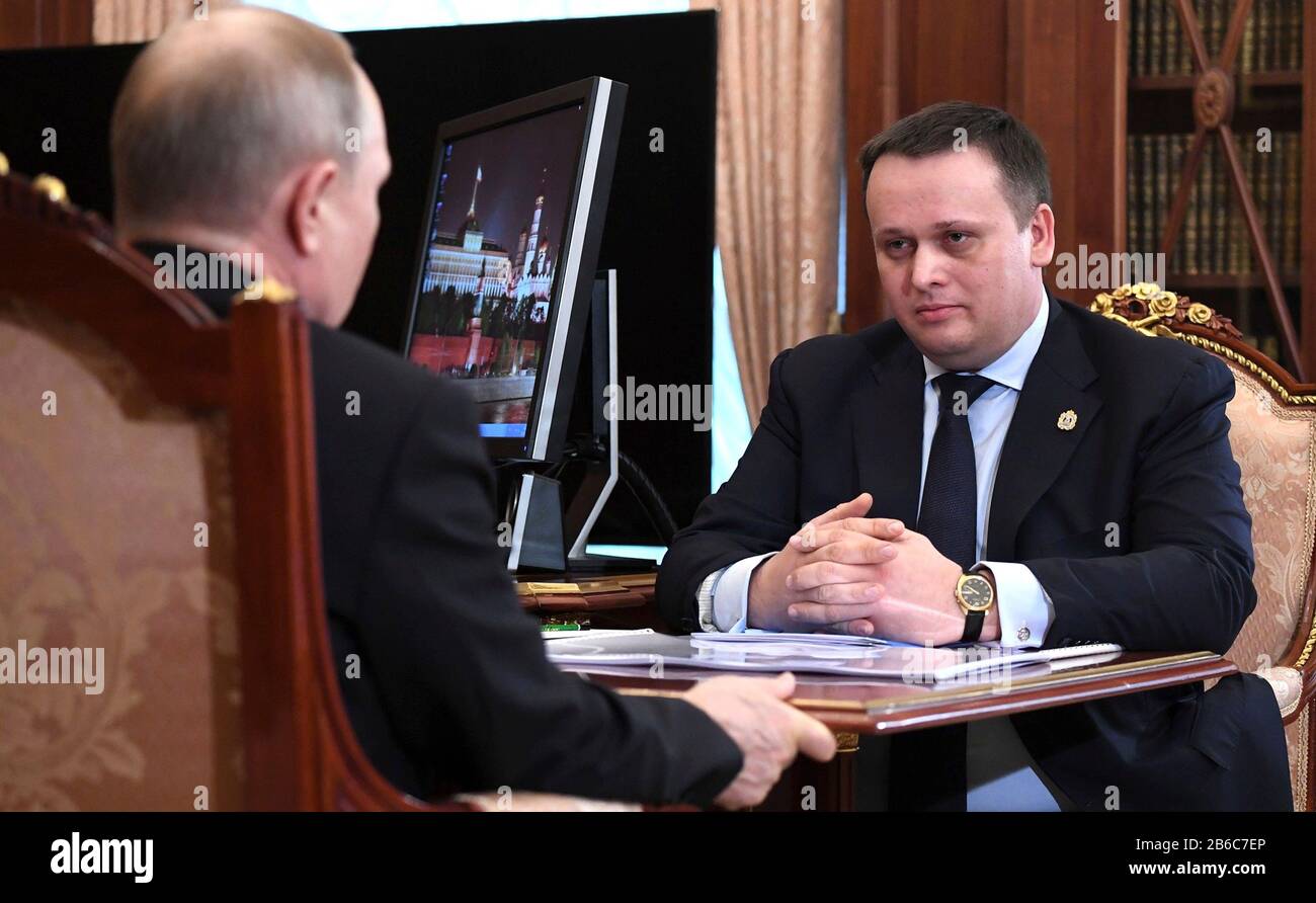 Moscow, Russia. 10th Mar, 2020. Russian President Vladimir Putin meets with Novgorod Region Governor Andrei Nikitin, right, at the Kremlin March 10, 2020 in Moscow, Russia. Credit: Alexei Nikolsky/Kremlin Pool/Alamy Live News Stock Photo
