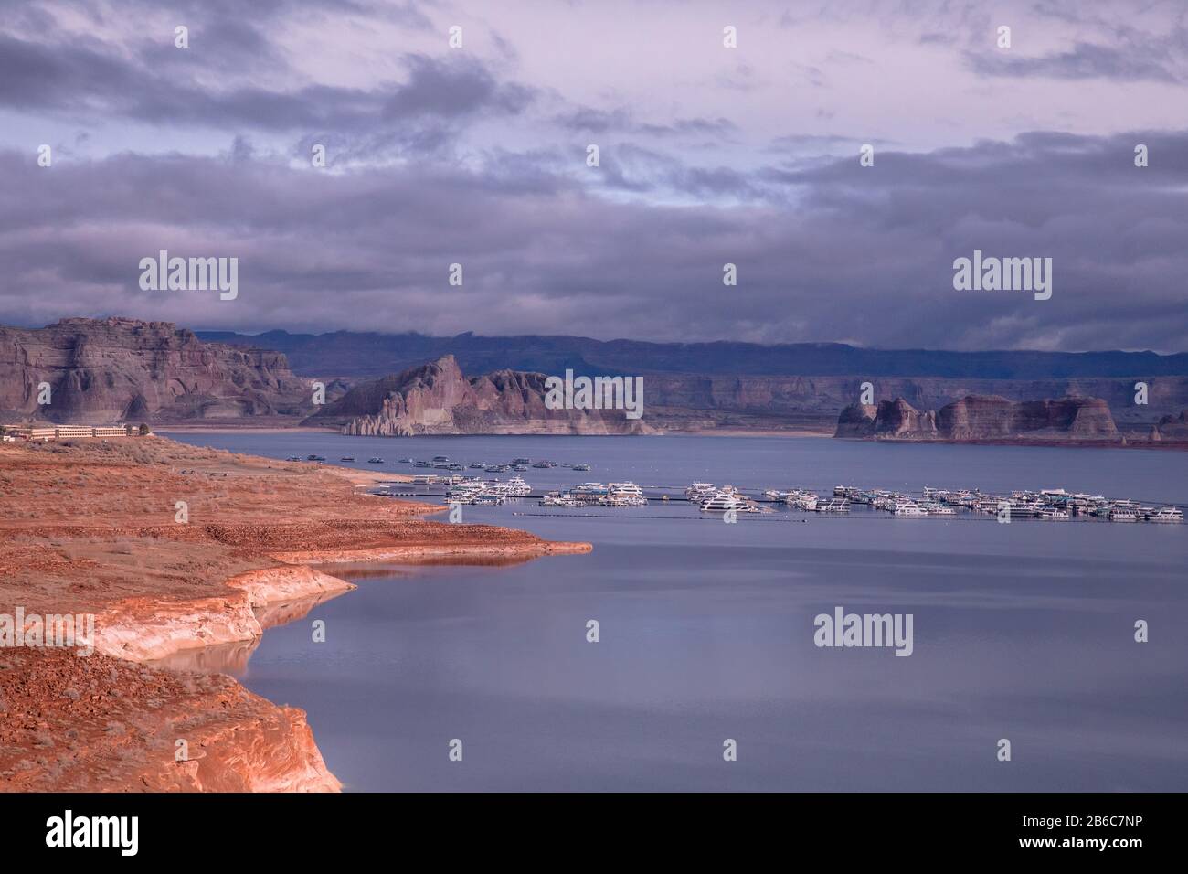 Lake Powell Arizona during the winter months when water is low in the canyon the buttes pop out of the landscape at Lake Powell marina Stock Photo