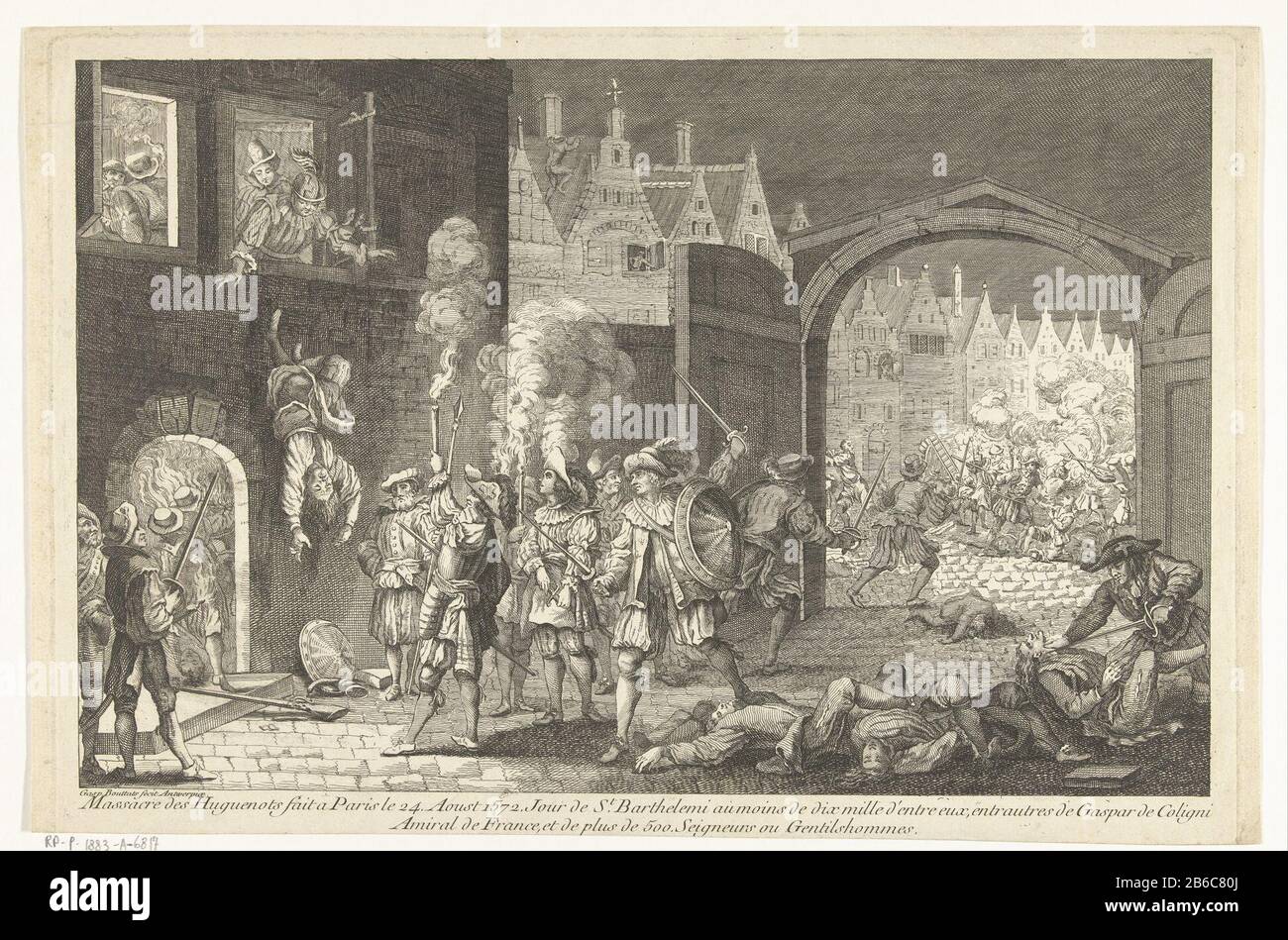 Bartholomeusnacht, 1572 Bartholomew of the blood wedding Paris. In the left foreground is Admiral Gaspard de Coligny thrown by soldiers from a window. An armed mob has gathered under the window and watching. On the right foreground are some dead bodies on the streets and the throat of a Protestant is pierced by a rapier. In the background, through an open gate, the continuation of the massacre in the streets of Parijs. Manufacturer : printmaker: Gaspar Bouttats (listed property) Place manufacture: Antwerp Date: 1650 - 1695 Physical features: etching material: paper Technique: etching Dimension Stock Photo