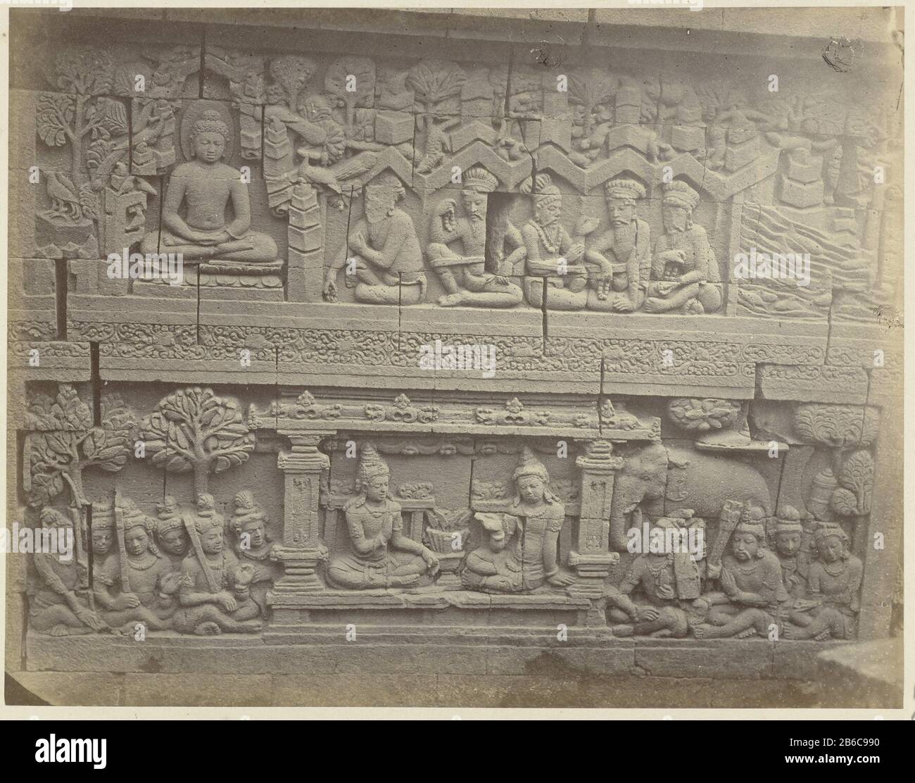 Where: the upper part tells a story of Siddhartha in Lalitavistara and lower a Avadana relief story Rudrayana. Manufacturer : photographer: Isidore Kinsbergen Place manufacture: Java (possible) Date: Sep 1873 - Dec 1873 Physical features: albumen print material: paper paper cardboard Technique: albumen print dimensions: photo: h 300 mm b × 400 mmToelichtingGallery I, main wall, north side 37 (top): Relief 1a-76, Lalitavistara relief, Siddhartha meditating in Gaya, Accompanied by ascetics. 37 (bottom): relief 1b-76, Avadana relief, Rudrayana story, King Rudrayana announces his renouncement of t Stock Photo