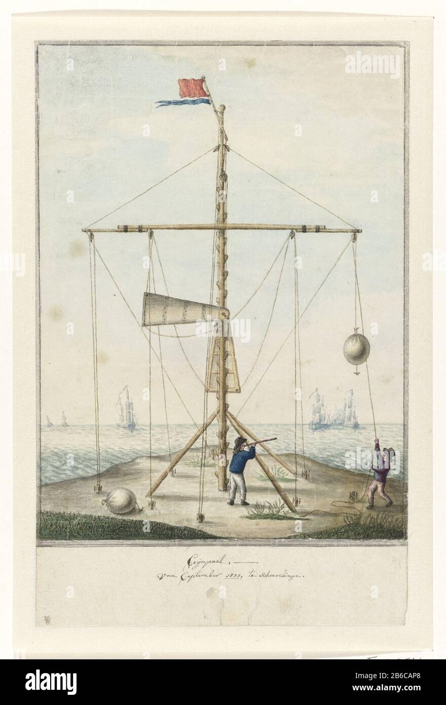 Bataafse coast telegraph, 1799 Seijnpaal, of September 1799, in Scheveningen (title object) Batavian coast telegraph, semaphore or semaphore, drawn up on the coast at Scheveningen, Sept. 1799. Manufacturer : artist: anonymous place manufacture: Netherlands Date: 1799 Physical features: pen in brown ink color material: paper Dimensions: sheet: h 320 mm × W 205 mm Subject: semaphoreBataafse Republic Anglo-Russian expedition to North Holland When: 1799-09 - 1799-09 Stock Photo