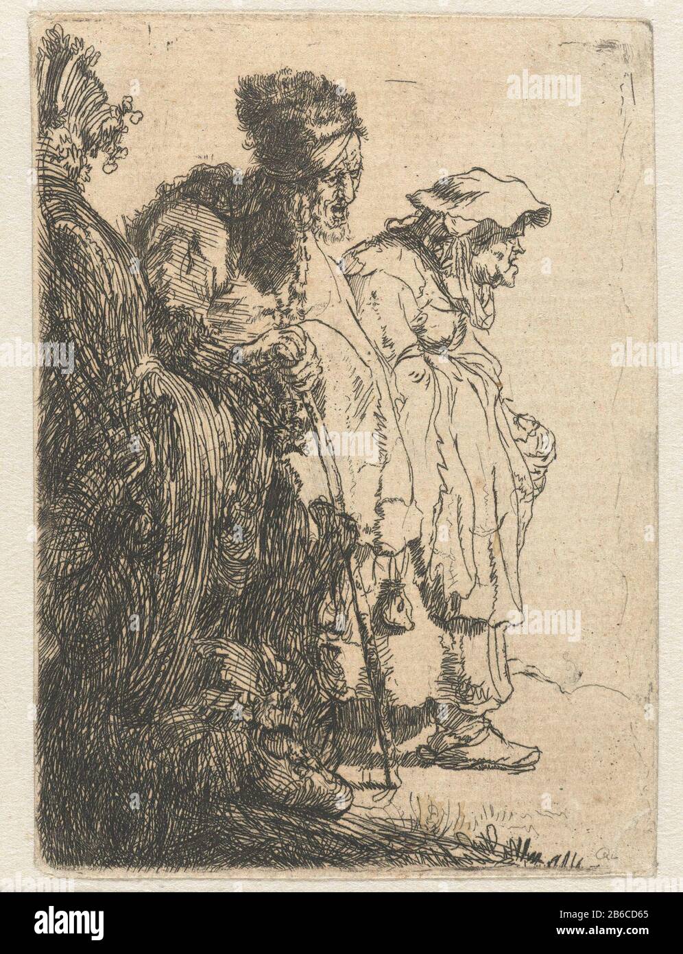 Bum and beggarwoman behind a berm Beggar and beggar behind a roadside object type: picture Item number: RP-P-1957-341Catalogusreferentie: New Hollstein Dutch and Flemish (Rembrandt text) 51-copy d Inscriptions / Brands: collector's mark, verso, stamped: Lugt 2228 collector's mark , verso, stamped: Lugt 2760 collector's mark , verso, stamped: 'HM', unknown collector brand manufacture manufacturer: printmaker James Brethertonnaar print by Rembrandt van Rijn (listed building) Dated: 1760 - 1781 Material: paper Technique: etching dimensions: plate edge: h 111 mm × b 80 mm Subject: beggar Stock Photo