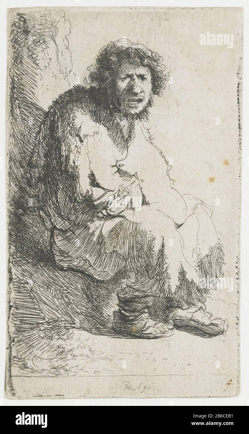 Beggar sitting on a knoll Self Portrait Beggar sitting on a knoll self portrait Property Type: picture Item number: RP-P-1961-1090ACatalogusreferentie: New Hollstein Dutch 50-1 (2) Bartsch 174-1 (1) 174-1 Hollstein Dutch (1 ) Markings / Brands: monogram and date, bottom center: 'RHL 1630'Lugtinscriptie, bottom right, pen in brown:' f'merk, verso center right: 2228opschrift, verso bottom center, pencil: 'C. 10519 '(Colnaghi number) Manufacture Vervaardiger: print maker: Rembrandt van Rijn (indicated on object) to his own design of Rembrandt van Rijn Date: 1630 Physical characteristics: etching Stock Photo