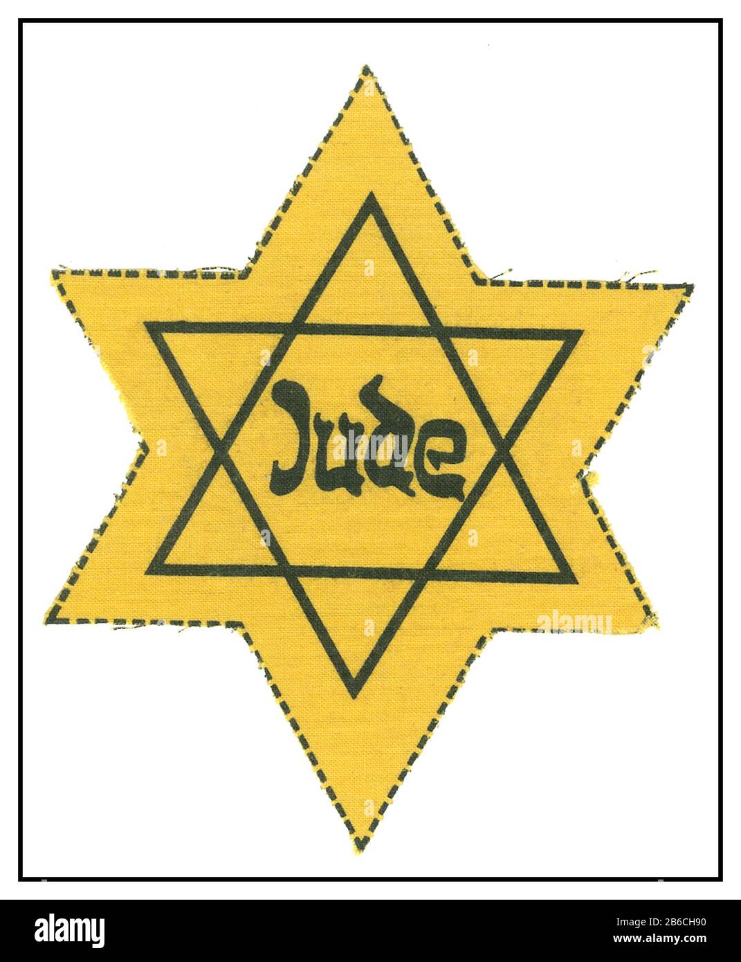 HOLOCAUST WW2 YELLOW BADGE (Star of David)  SEPTEMBER 1, 1941  Reinhard Heydrich decrees that all Jews over six years of age in the Reich, Alsace, Bohemia-Moravia and the German–annexed territory of western Poland (called the Warthegau), are to wear yellow Star of David on their outer clothing in public at all times.  The word 'Jew' is to be inscribed inside the star in German or the local language. During the Nazi era, German authorities reintroduced the star badge as a key element of their larger plan to persecute humiliate stigmatise & eventually annihilate the Jewish population of Europe. Stock Photo