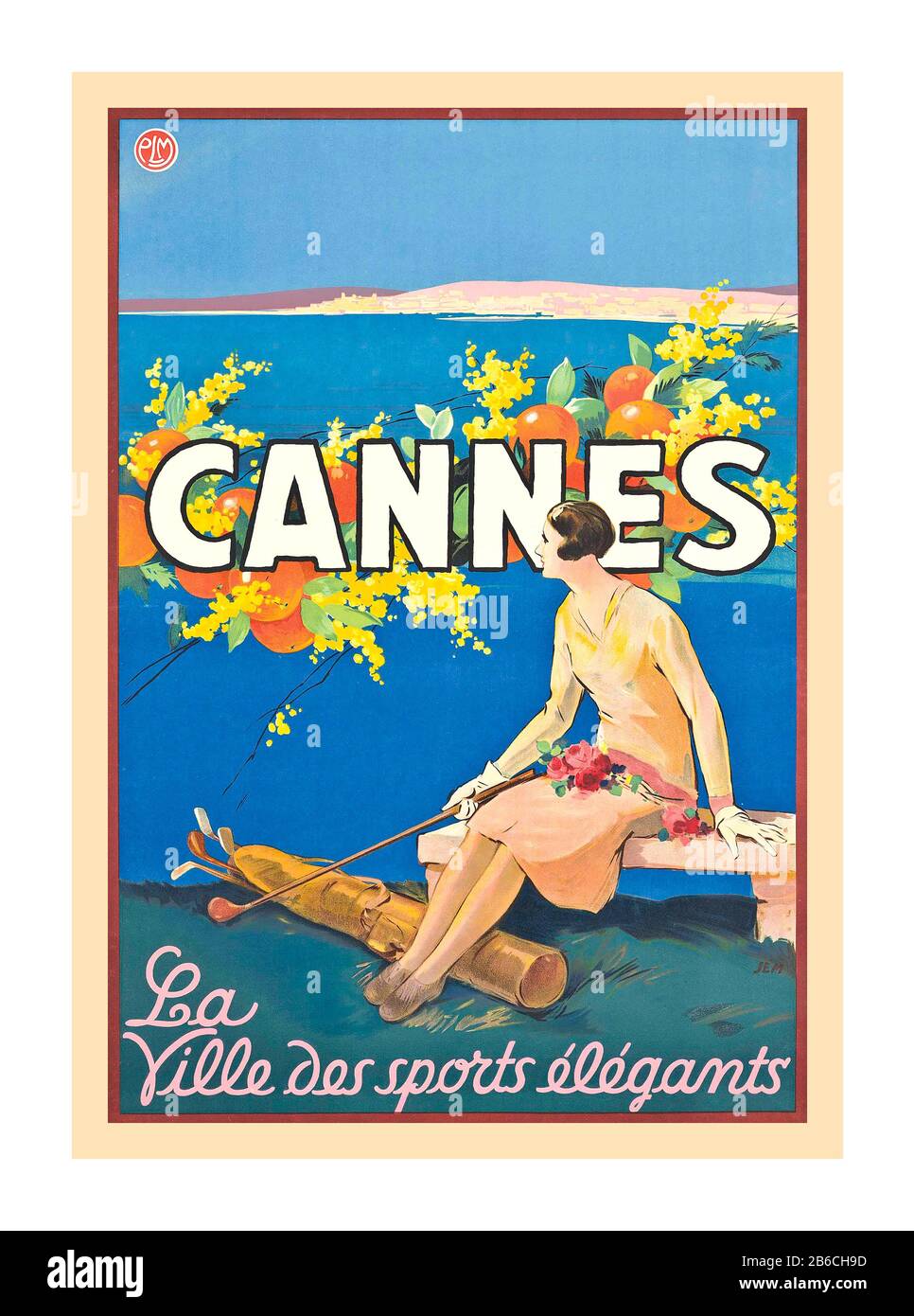 CANNES Vintage French 1930s travel poster illustration for Cannes, showing a woman holding a golf club and sitting above the Mediterranean Sea, ‘Cannes - La Ville des sports elegants’, CANNES THE TOWN OF ELEGANT SPORTS 1930s. Stock Photo