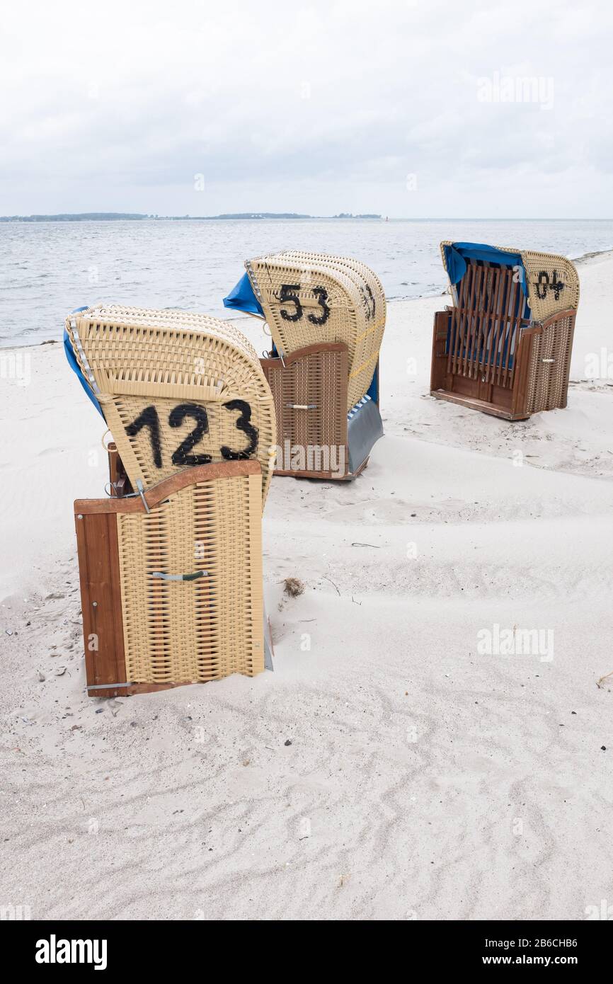 Beach chairs (Strandkorb) at the Baltic Sea in Laboe, Germany Stock Photo