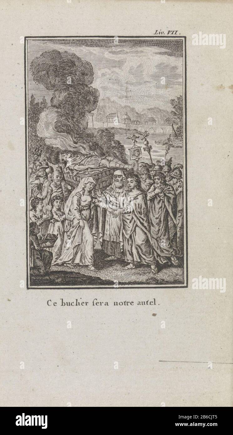 Burial of Tatius Titus Tatius king of the Sabines, on a pyre cremated. His troops mourning around the fire. Numa comforting his daughter Tatia. In the background, Rome. With a French onderschrift. Manufacturer : printmaker Henri-Joseph Godin (listed property) writer: Jean Pierre Claris de Florian Publisher: Benoît le FrancqPlaats manufacture: printmaker: Liege Publisher: Brussels Date: 1790 Physical features: engra and printing material: paper Technique: engra (printing process ) / printing sizes: leaf: b 136 mm × h 75 mmToelichtingBoekillustratie Jean Pierre Claris de Florian, 'Numa Pompilius Stock Photo