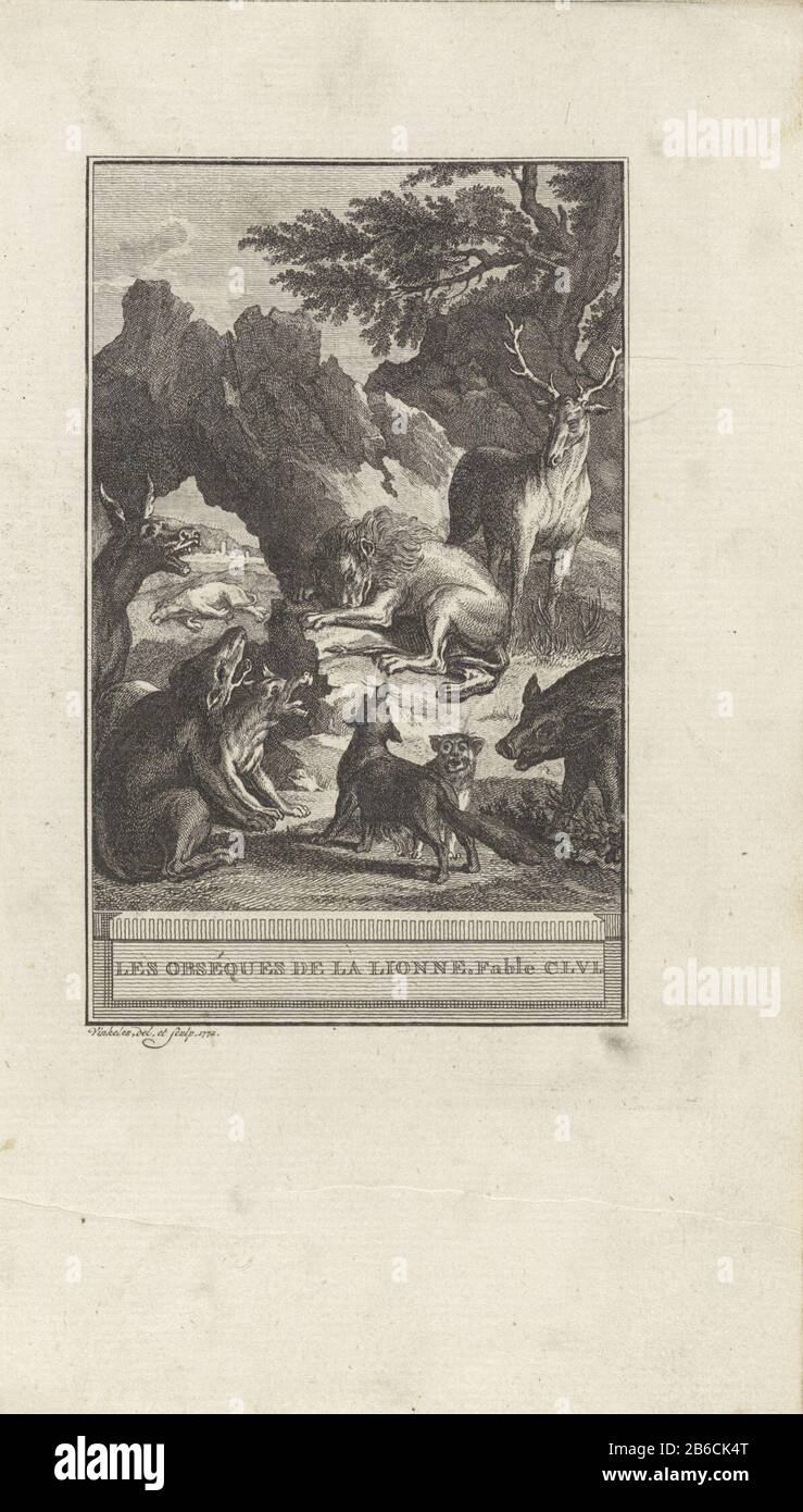 All kinds of animals have gathered at the lion. Illustration of Magical CLVL Les obsèques de la Lionne. Manufacturer : printmaker: Reinier Vinkeles (I) (listed building) Place manufacture: Amsterdam Date: 1772 Physical features: etching material: paper Technique: etching Dimensions: sheet: H 215 mm × W 125 mmToelichtingPrent Where: apparently used as an illustration in one or more editions of La Fontaine, Jean de. Fables choisies. Amsterdam: J. van Gulik, 1802. Subject: funeral parlourbeasts of prey, predatory animals: lionhoofed animals: deerass, donkeyhoofed animals: boarbeasts of prey, pred Stock Photo