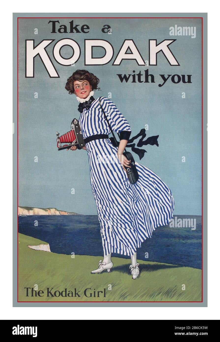 KODAK GIRL Vintage c1913 Poster advertisement 'TAKE A KODAK WITH YOU',  illustrating an independent women holding a Kodak folding bellows roll film camera, at the beginning of a new technology era, embracing a forward looking marketing strategy by Eastman Kodak that included the new iconic “Kodak Girl” Stock Photo