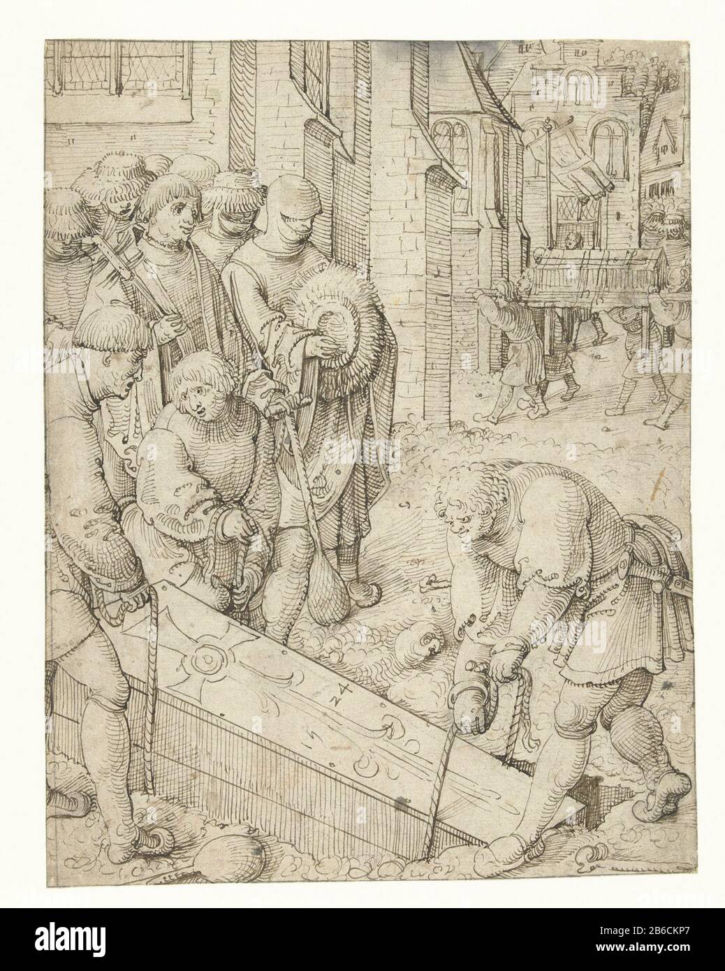 Burying the dead Works of Mercy (series title) let three men lower a coffin into a grave in the foreground. Left a priest aspersorium (holy water sprinkler) and 'mourners' with wide-brimmed hats. In the background is a church coffin binnengedragen. Manufacturer : artist: Pieter Cornelisz. called Art Date: 1524 Physical features: pen in brown material: paper ink Technique: pen Dimensions: H 247 mm × W 191 mm Stock Photo