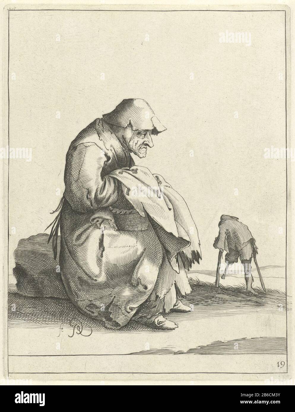 Elderly beggar star Beggars and farmers (serietitel) a stone is an elderly beggar with a basket on her lap and a cloth. Right runs a tramp with a wooden leg, leaning on crutches. The print is a part of a series of twenty-six prints with bums and boeren. Manufacturer : print maker: Pieter Jansz. Quast (indicated on object) Place manufacture: The Hague Date: 1634 - 1638 Physical characteristics: etching and engra material: paper Technique: etching / engra (printing process) Measurements: plate edge: H 209 mm × W 160 mm Subject: beggarcrutcheswooden legcontainer made of plant material other than Stock Photo