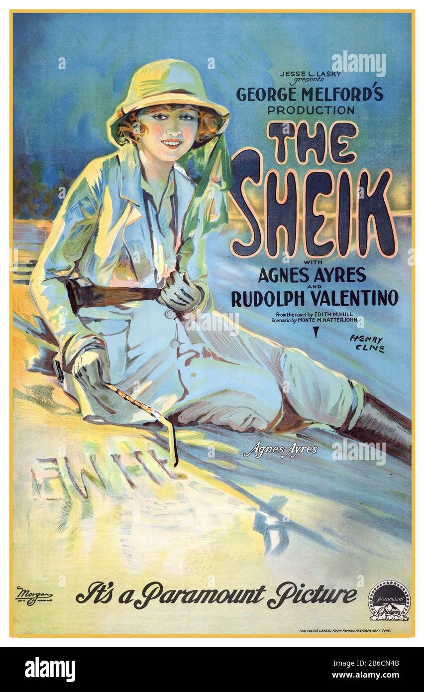 THE SHEIK RUDOLPH VALENTINO Vintage Movie Film Cinema Poster The Sheik a 1921 American silent romantic drama film produced by Famous Players-Lasky, directed by George Melford, starring Rudolph Valentino and Agnes Ayres, and featuring Adolphe Menjou. It was based on the bestselling romance novel of the same name by Edith Maude Hull and was adapted for the screen by Monte M. Katterjohn. The film was a box-office hit and helped propel Valentino to stardom. Stock Photo