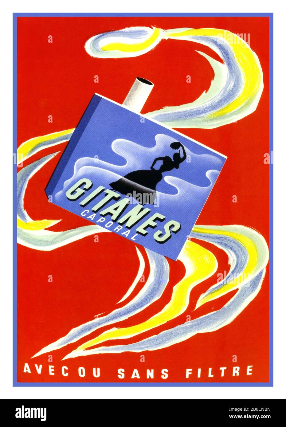 GITANES Vintage French Cigarette 1950's Poster Advertising for Gitanes with or without filter Artist BERNARD VILLEMOT HIGH QUALITY RETRO GRAPHIC ART VINTAGE GITANES ADVERTISING POSTER Stock Photo