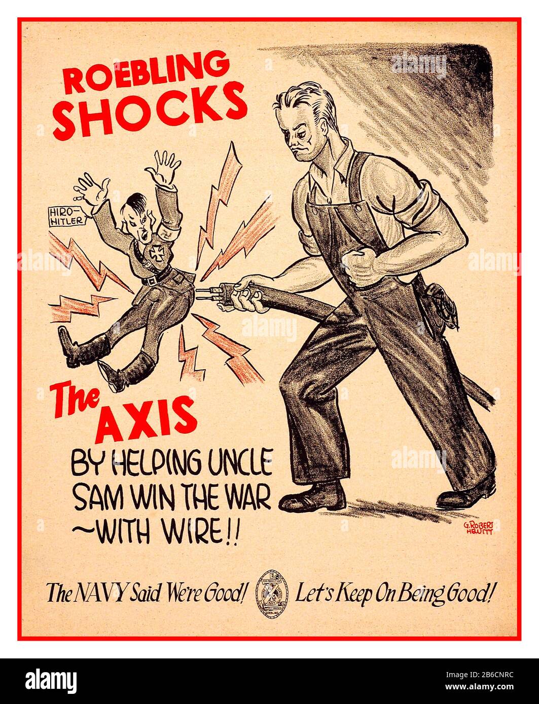 Vintage 1940s WW2 American Cartoon propaganda work output 'ROEBLING SHOCKS' The AXIS by helping Uncle Sam win the war -with wire !! Featuring a Hitler/Hiro caricature having electric shocks World War II WW2 Stock Photo