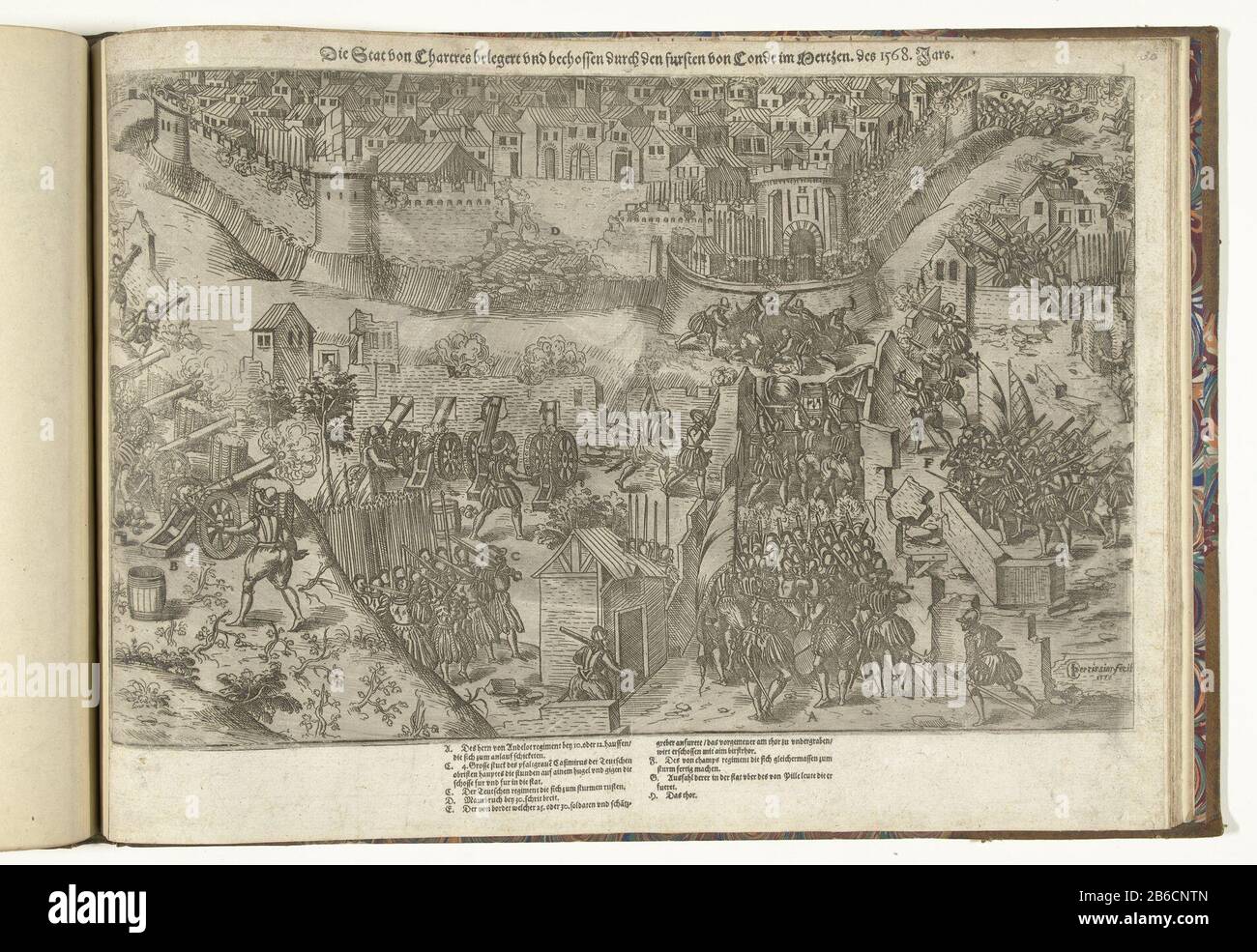 Document en vergelijk van Chartres, 1568 belegert The Stat Chartres and bombarded by the Fursten of Conde in Mertzen of 1568 Jars (op title object) Siege and compare Chartres March 1568. shelling of the walled city. In the legend the legend A-H in German. Ongenummerd. Manufacturer : printmaker Jean Perrissin (listed property) Place manufacture: France Date: 1570 Physical features: etching with texts in letterpress material: paper Technique: etching / printing sizes: sheet: H 376 mm × W 505 mm Subject: siege war of French religious war when: 1568 -03 - 1568-03 Stock Photo