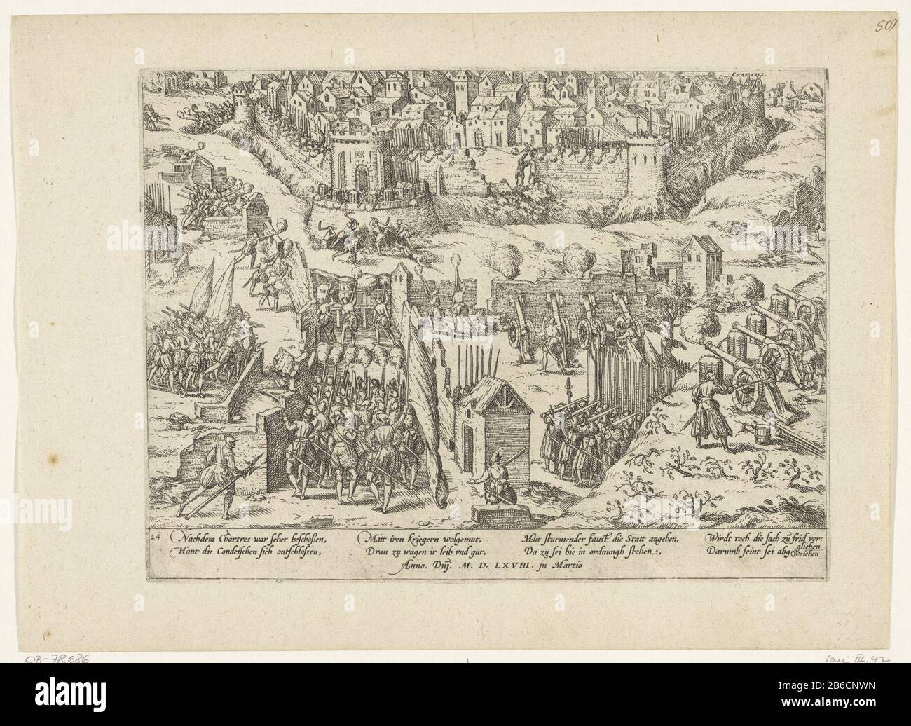 Siege and compare Chartres, 1568 Series 3 French Wars of Religion, 1559-1573 (series title) Siege and compare Chartres 1568Serie 3: French Wars of Religion, 1559-1573 (series title) Property Type: print history print Serial Number 42 / 469Objectnummer: RP-P-OB-78.686Catalogusreferentie: FMH 413-42Hellwig 43New Hollstein Dutch B40-3 (4) Description: Siege and compare Chartres March 1568. shelling of the walled city. With signature of 8 lines in German. Numbered 24. Leaf comes from an album that is disassembled. Upper right numbered (in pen) 58 Manufacturer : printmaker French High Mountain To p Stock Photo