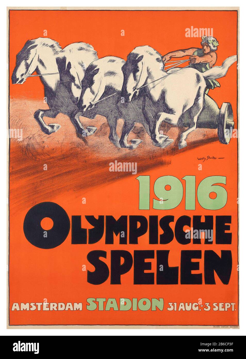 Vintage Olympic Games Poster 1916 *CANCELLED  DUE TO WORLD WAR 1* Amsterdam Stadium Holland 1916 31st August-3rd September OLYMPISCHE SPELEN lithograph in colours, 1916, printed by Drukkerij Senefelder, Amsterdam, artist Willy (Jan Willem) Sluiter (1873-1949) Stock Photo