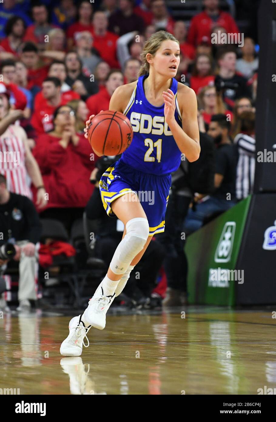 March 10, 2020: South Dakota State Jackrabbits guard Tylee Irwin (21) brings the ball up the court during the Summit League women's championship basketball game between the South Dakota State Jackrabbits and the South Dakota Coyotes at the Denny Sanford Premier Center, Sioux Falls, SD. South Dakota defeated South Dakota State 63-58 and move on to the NCAA tournament. Photo by Russell Hons/CSM Stock Photo